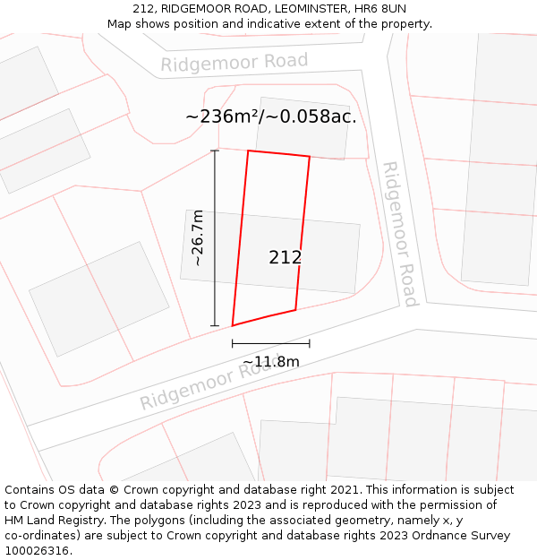 212, RIDGEMOOR ROAD, LEOMINSTER, HR6 8UN: Plot and title map