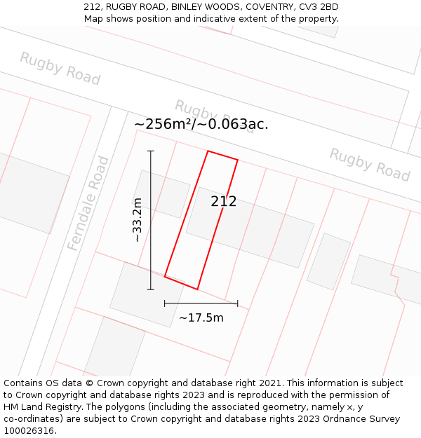 212, RUGBY ROAD, BINLEY WOODS, COVENTRY, CV3 2BD: Plot and title map