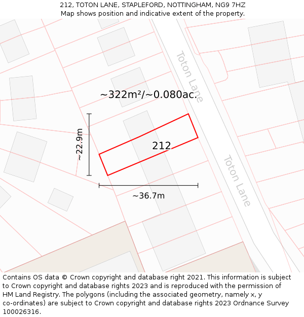 212, TOTON LANE, STAPLEFORD, NOTTINGHAM, NG9 7HZ: Plot and title map