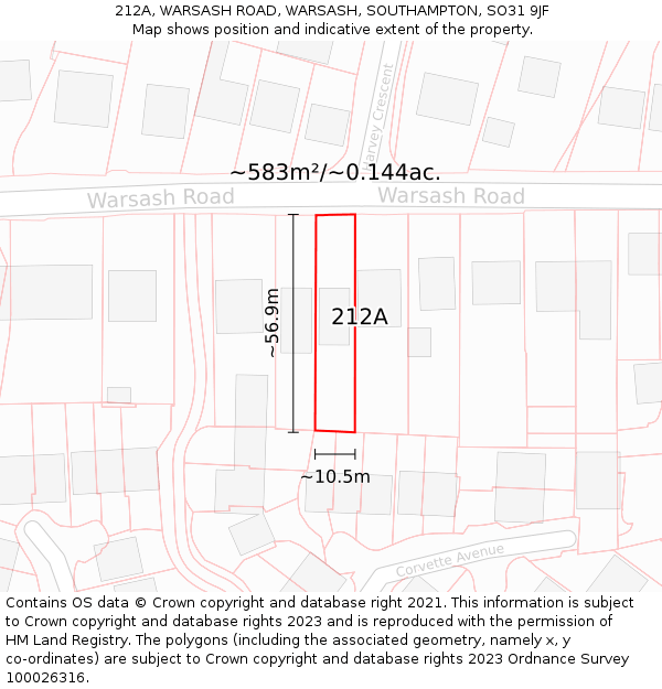 212A, WARSASH ROAD, WARSASH, SOUTHAMPTON, SO31 9JF: Plot and title map