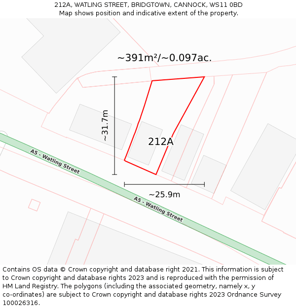 212A, WATLING STREET, BRIDGTOWN, CANNOCK, WS11 0BD: Plot and title map