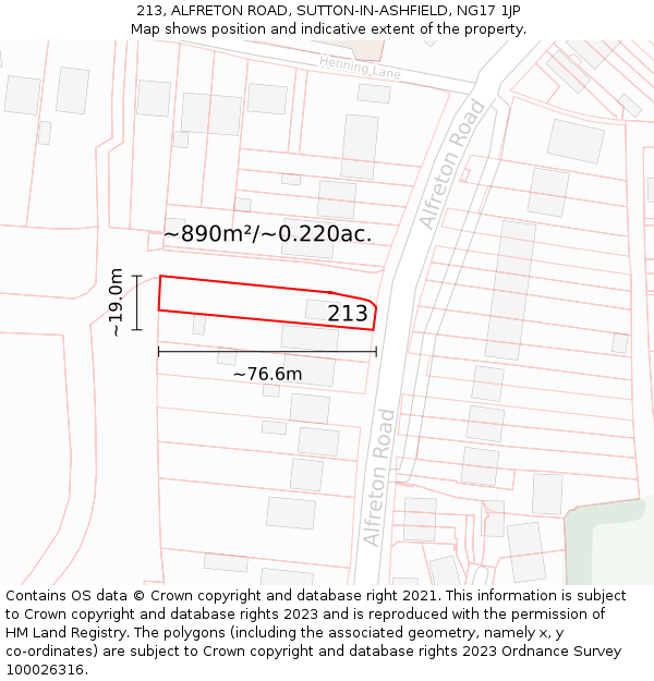 213, ALFRETON ROAD, SUTTON-IN-ASHFIELD, NG17 1JP: Plot and title map