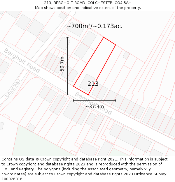 213, BERGHOLT ROAD, COLCHESTER, CO4 5AH: Plot and title map