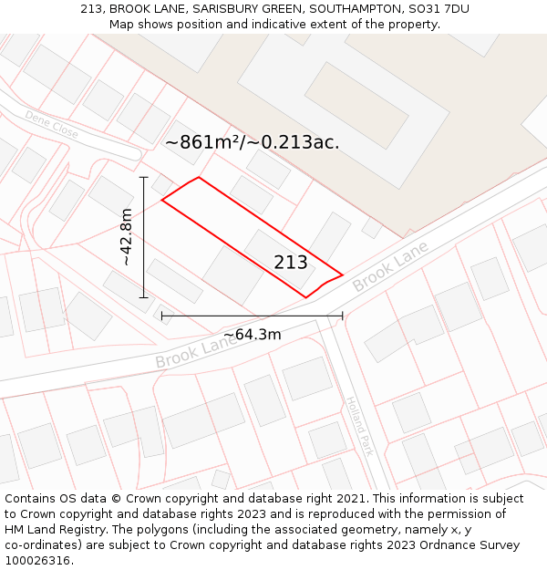 213, BROOK LANE, SARISBURY GREEN, SOUTHAMPTON, SO31 7DU: Plot and title map