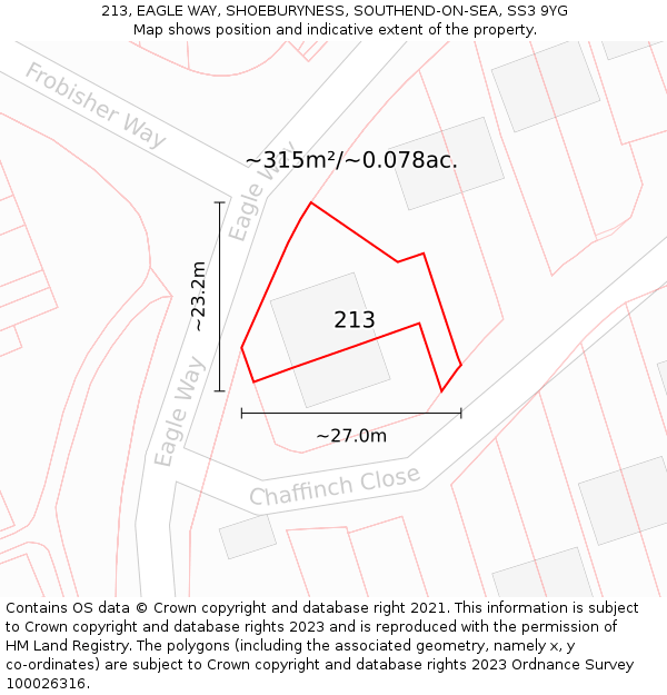 213, EAGLE WAY, SHOEBURYNESS, SOUTHEND-ON-SEA, SS3 9YG: Plot and title map