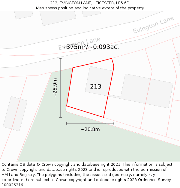 213, EVINGTON LANE, LEICESTER, LE5 6DJ: Plot and title map