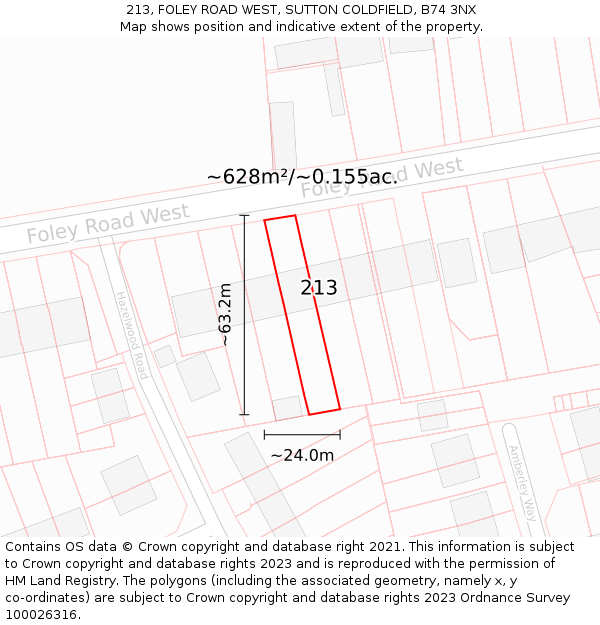 213, FOLEY ROAD WEST, SUTTON COLDFIELD, B74 3NX: Plot and title map