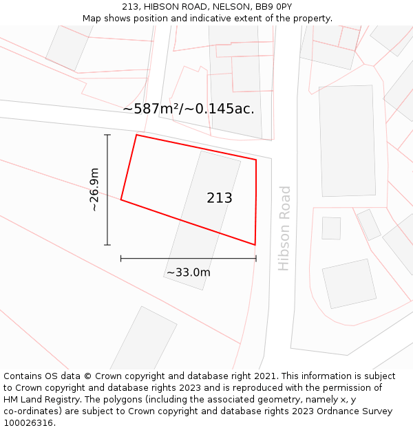 213, HIBSON ROAD, NELSON, BB9 0PY: Plot and title map