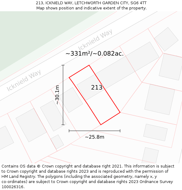 213, ICKNIELD WAY, LETCHWORTH GARDEN CITY, SG6 4TT: Plot and title map