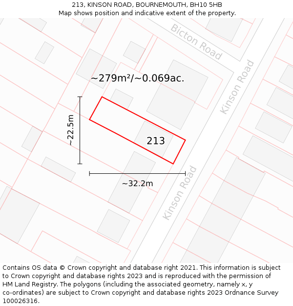 213, KINSON ROAD, BOURNEMOUTH, BH10 5HB: Plot and title map