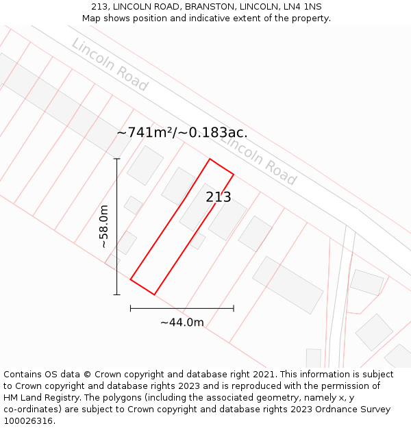 213, LINCOLN ROAD, BRANSTON, LINCOLN, LN4 1NS: Plot and title map