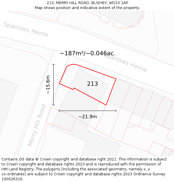 213, MERRY HILL ROAD, BUSHEY, WD23 1AP: Plot and title map