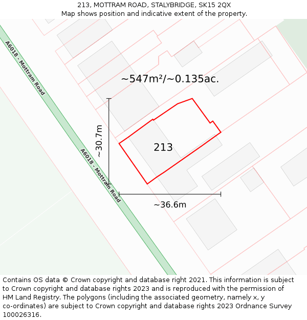 213, MOTTRAM ROAD, STALYBRIDGE, SK15 2QX: Plot and title map