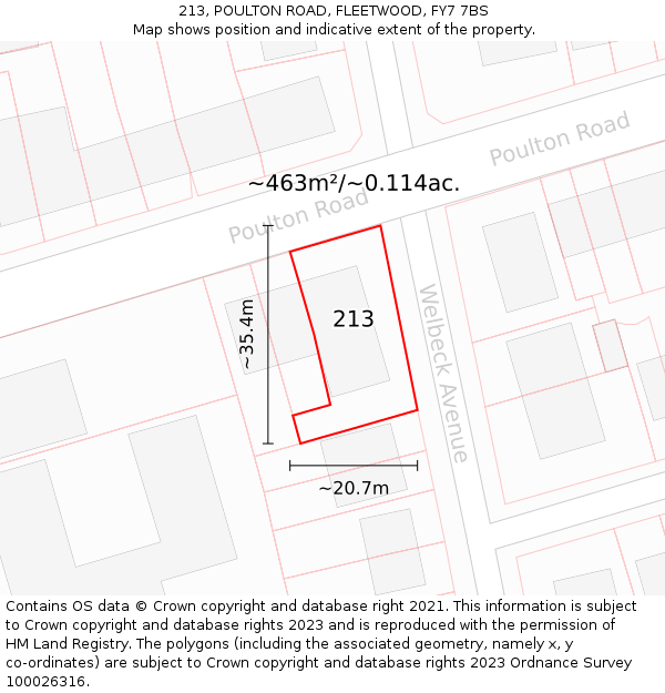 213, POULTON ROAD, FLEETWOOD, FY7 7BS: Plot and title map