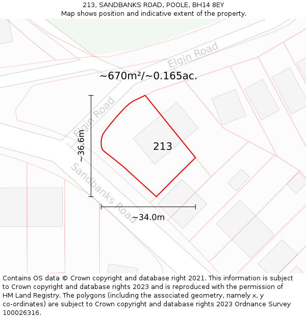 213, SANDBANKS ROAD, POOLE, BH14 8EY: Plot and title map