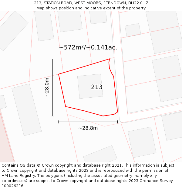 213, STATION ROAD, WEST MOORS, FERNDOWN, BH22 0HZ: Plot and title map