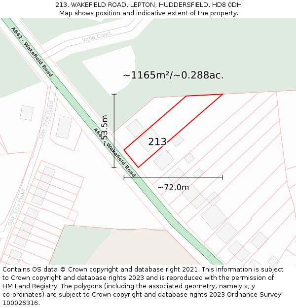 213, WAKEFIELD ROAD, LEPTON, HUDDERSFIELD, HD8 0DH: Plot and title map