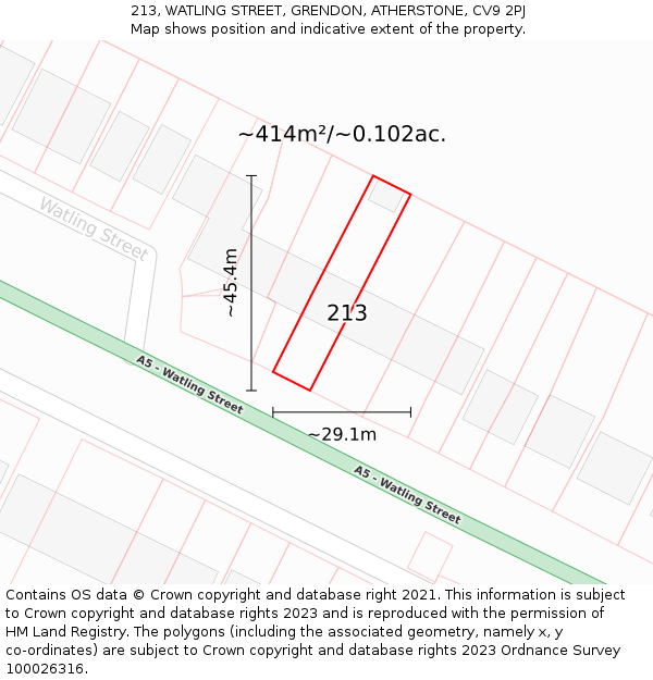 213, WATLING STREET, GRENDON, ATHERSTONE, CV9 2PJ: Plot and title map