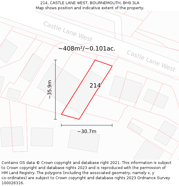 214, CASTLE LANE WEST, BOURNEMOUTH, BH9 3LA: Plot and title map