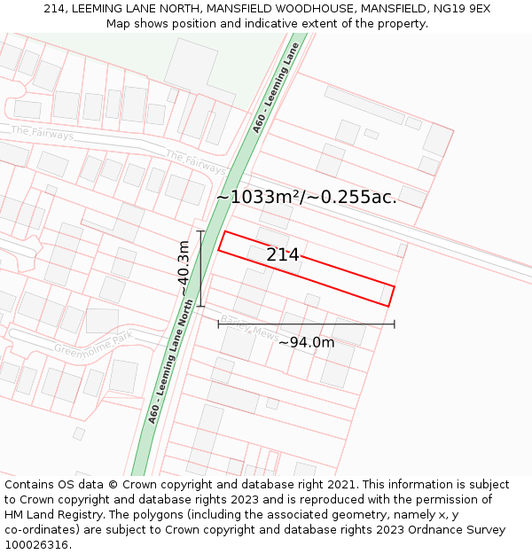 214, LEEMING LANE NORTH, MANSFIELD WOODHOUSE, MANSFIELD, NG19 9EX: Plot and title map