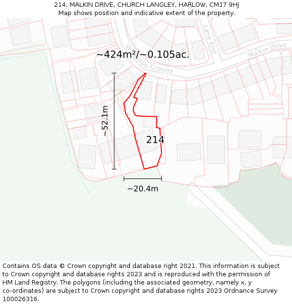 214, MALKIN DRIVE, CHURCH LANGLEY, HARLOW, CM17 9HJ: Plot and title map