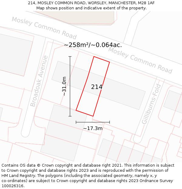 214, MOSLEY COMMON ROAD, WORSLEY, MANCHESTER, M28 1AF: Plot and title map