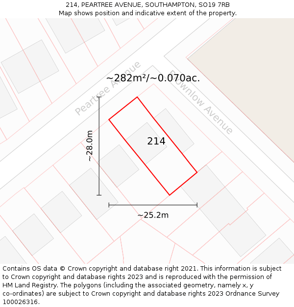 214, PEARTREE AVENUE, SOUTHAMPTON, SO19 7RB: Plot and title map