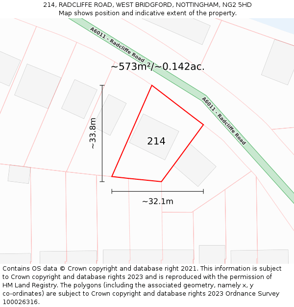 214, RADCLIFFE ROAD, WEST BRIDGFORD, NOTTINGHAM, NG2 5HD: Plot and title map