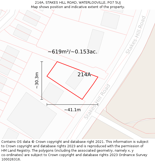 214A, STAKES HILL ROAD, WATERLOOVILLE, PO7 5UJ: Plot and title map