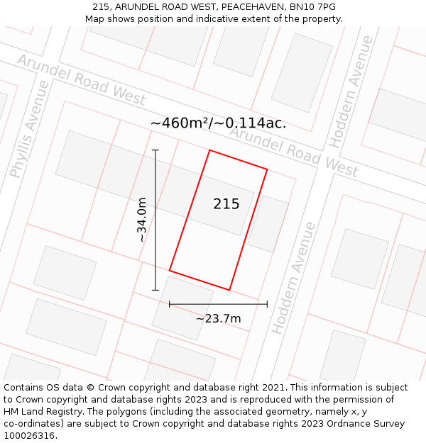 215, ARUNDEL ROAD WEST, PEACEHAVEN, BN10 7PG: Plot and title map