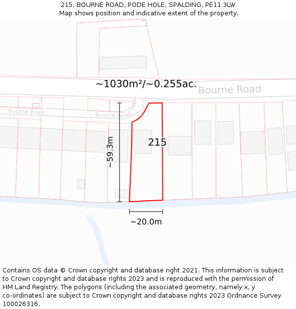 215, BOURNE ROAD, PODE HOLE, SPALDING, PE11 3LW: Plot and title map