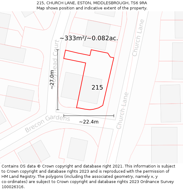 215, CHURCH LANE, ESTON, MIDDLESBROUGH, TS6 9RA: Plot and title map