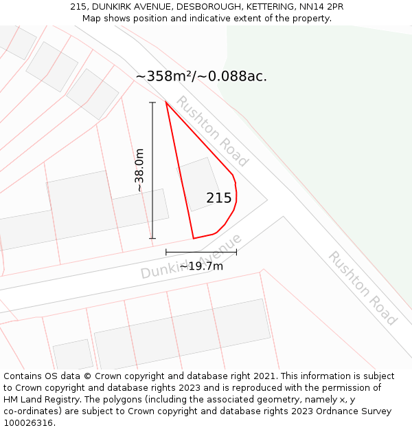 215, DUNKIRK AVENUE, DESBOROUGH, KETTERING, NN14 2PR: Plot and title map