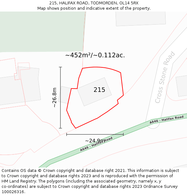 215, HALIFAX ROAD, TODMORDEN, OL14 5RX: Plot and title map