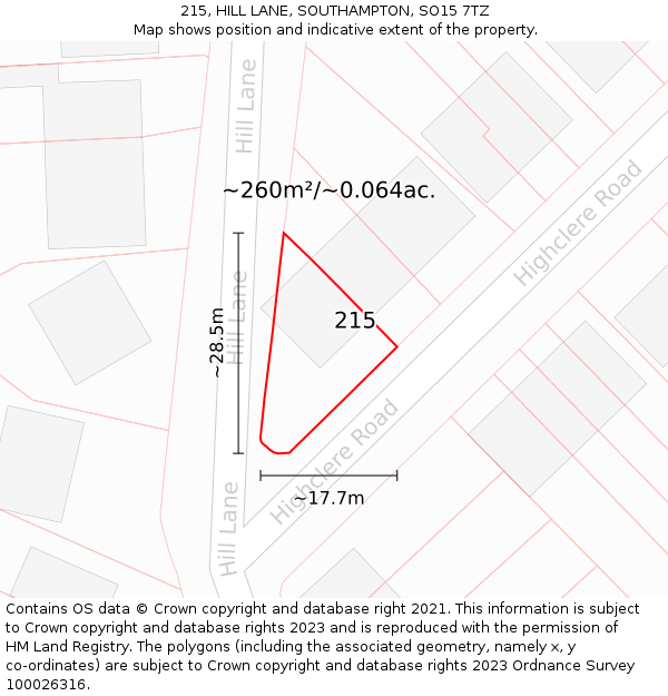 215, HILL LANE, SOUTHAMPTON, SO15 7TZ: Plot and title map