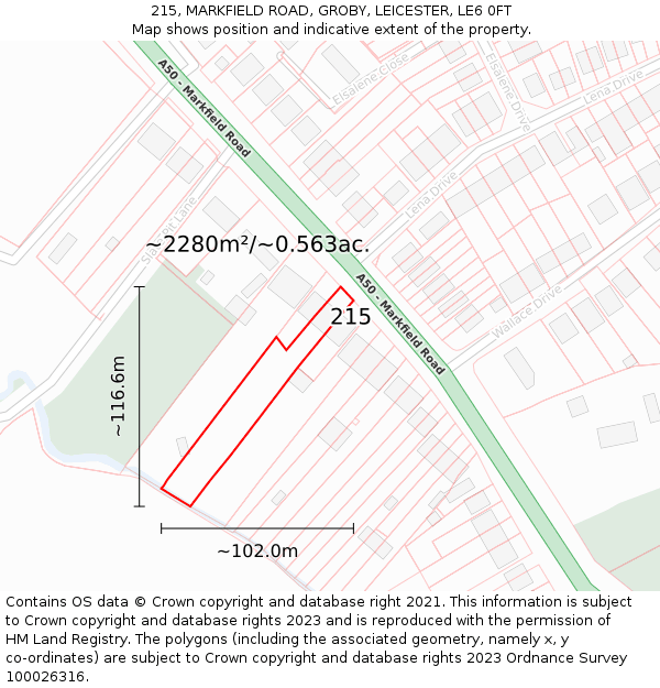 215, MARKFIELD ROAD, GROBY, LEICESTER, LE6 0FT: Plot and title map