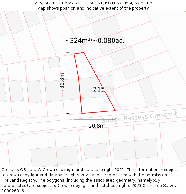 215, SUTTON PASSEYS CRESCENT, NOTTINGHAM, NG8 1EA: Plot and title map