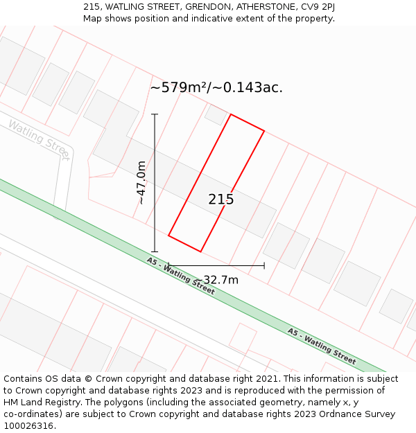 215, WATLING STREET, GRENDON, ATHERSTONE, CV9 2PJ: Plot and title map