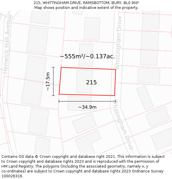 215, WHITTINGHAM DRIVE, RAMSBOTTOM, BURY, BL0 9NY: Plot and title map