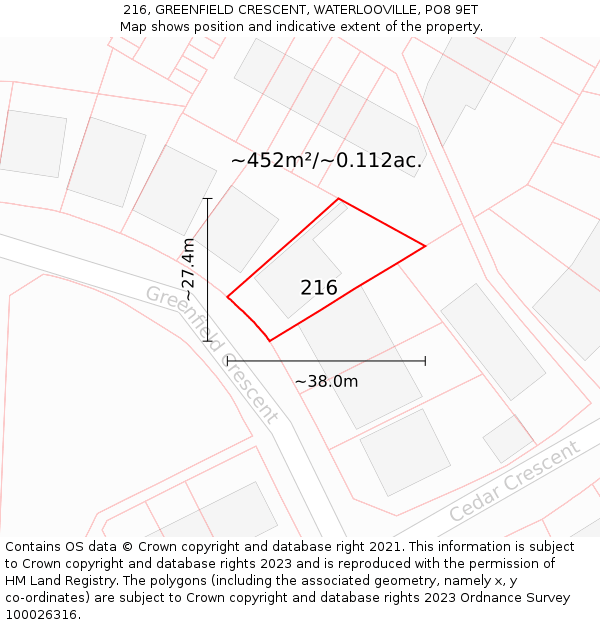 216, GREENFIELD CRESCENT, WATERLOOVILLE, PO8 9ET: Plot and title map