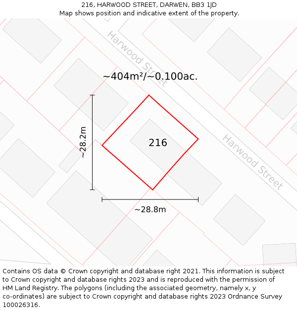 216, HARWOOD STREET, DARWEN, BB3 1JD: Plot and title map