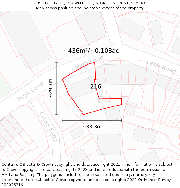 216, HIGH LANE, BROWN EDGE, STOKE-ON-TRENT, ST6 8QB: Plot and title map