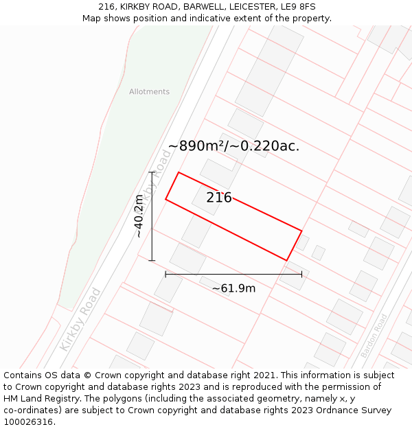 216, KIRKBY ROAD, BARWELL, LEICESTER, LE9 8FS: Plot and title map