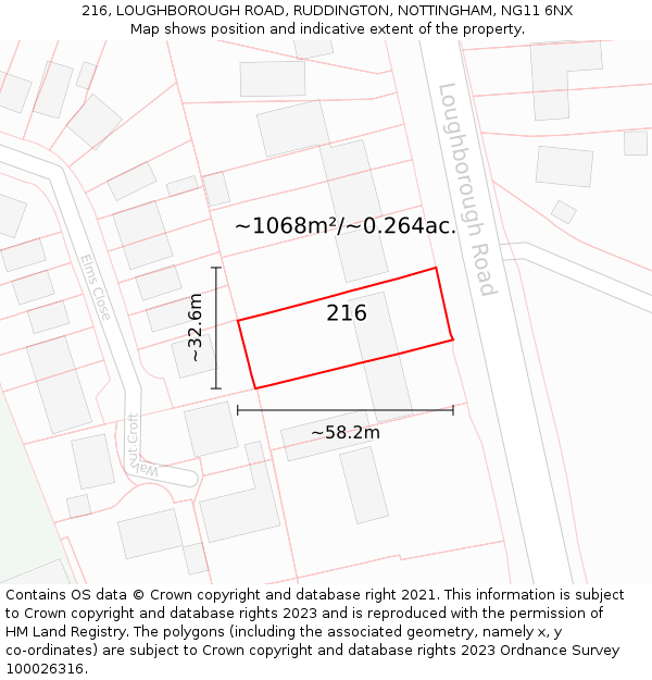 216, LOUGHBOROUGH ROAD, RUDDINGTON, NOTTINGHAM, NG11 6NX: Plot and title map