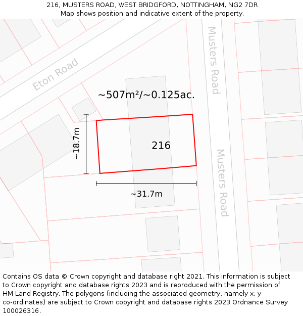 216, MUSTERS ROAD, WEST BRIDGFORD, NOTTINGHAM, NG2 7DR: Plot and title map