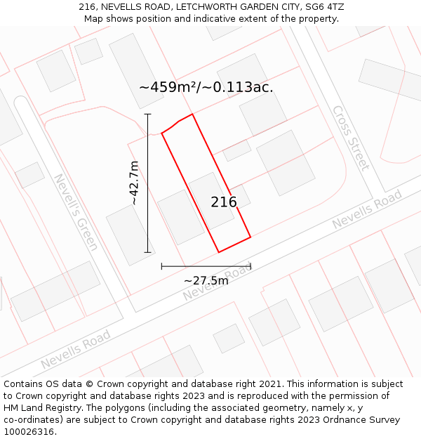 216, NEVELLS ROAD, LETCHWORTH GARDEN CITY, SG6 4TZ: Plot and title map