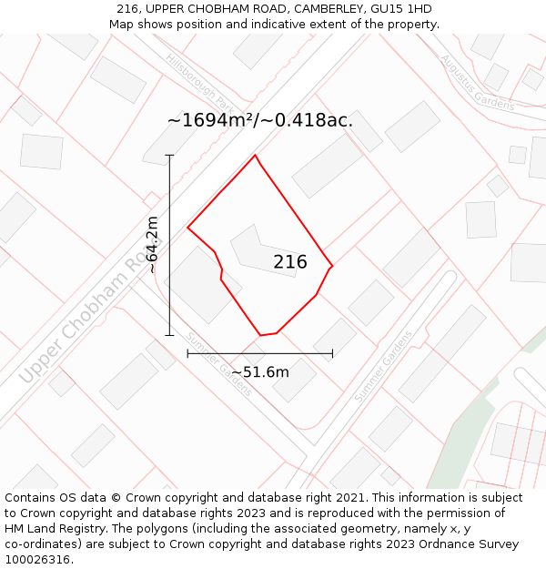 216, UPPER CHOBHAM ROAD, CAMBERLEY, GU15 1HD: Plot and title map