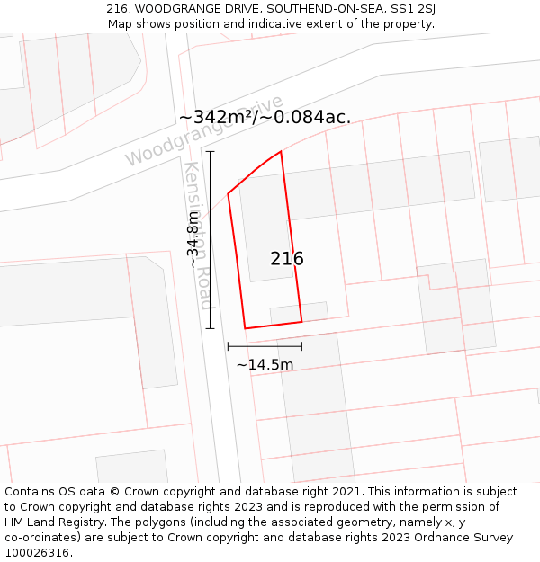 216, WOODGRANGE DRIVE, SOUTHEND-ON-SEA, SS1 2SJ: Plot and title map