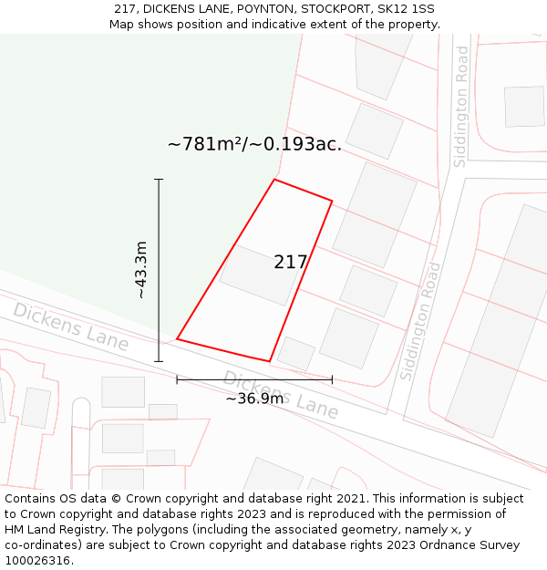 217, DICKENS LANE, POYNTON, STOCKPORT, SK12 1SS: Plot and title map