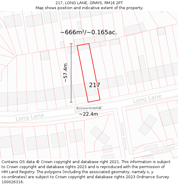 217, LONG LANE, GRAYS, RM16 2PT: Plot and title map